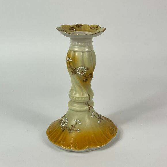 Antique Candlestick Candle Holder Yellow Brown White Daisy Hand Painted Gold - Picture 3 of 14